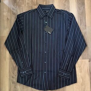 Men's Navy Blue and Charcoal Gray Striped Shirt